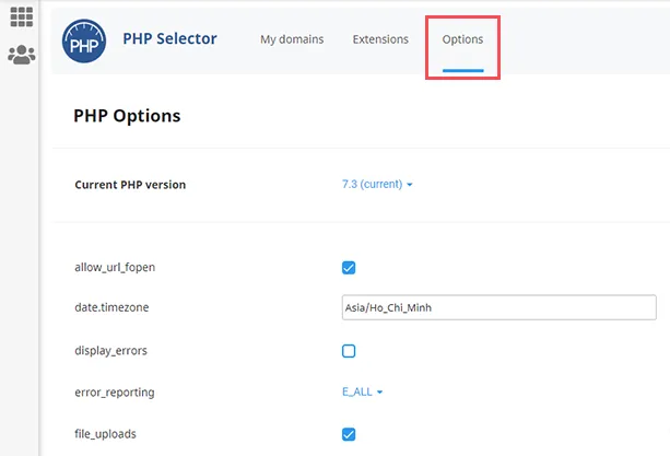 Chọn tab Options trong Select PHP Version